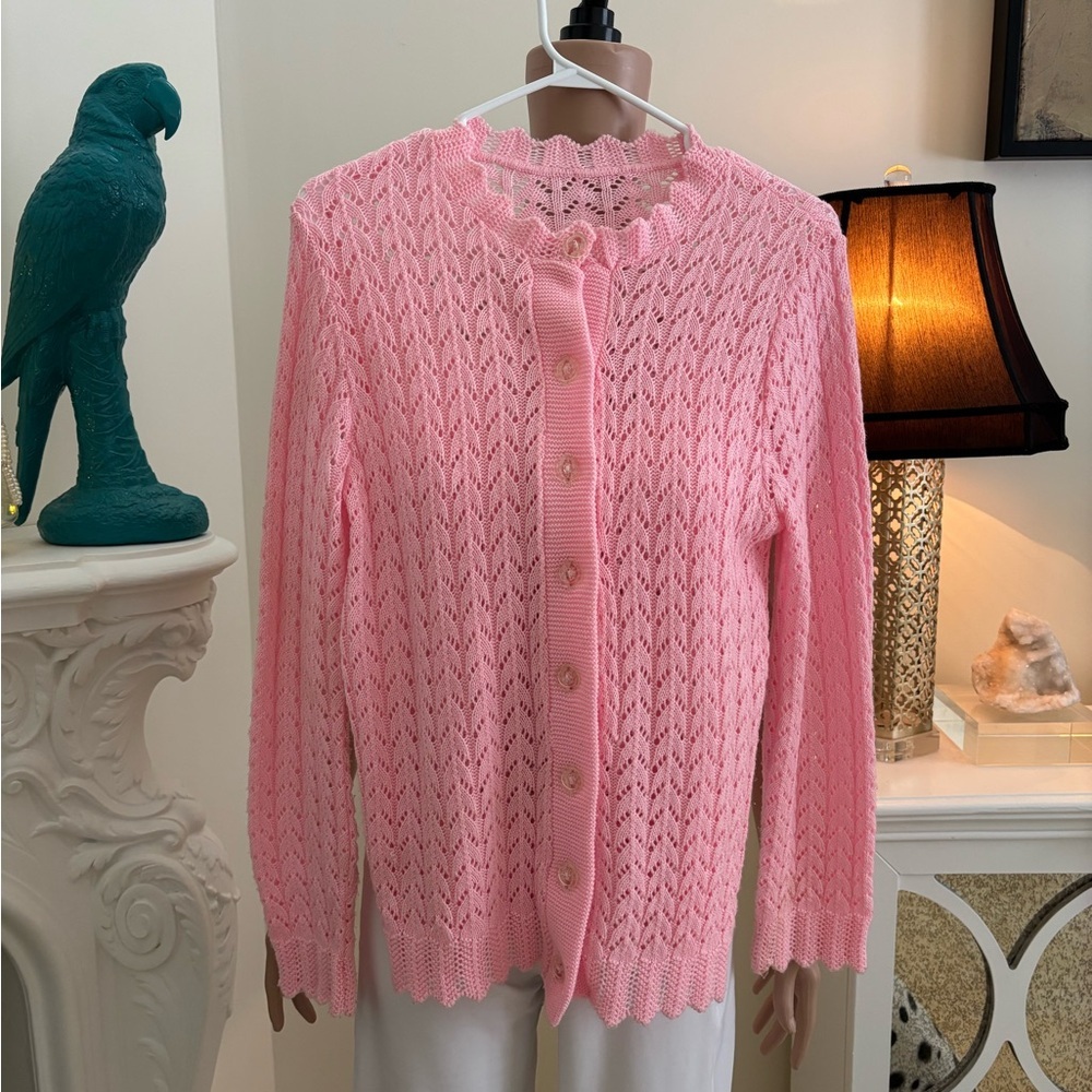 Pink Handmade Pointelle Knit Button-Up Sweater Cardigan - Picture 2 of 10